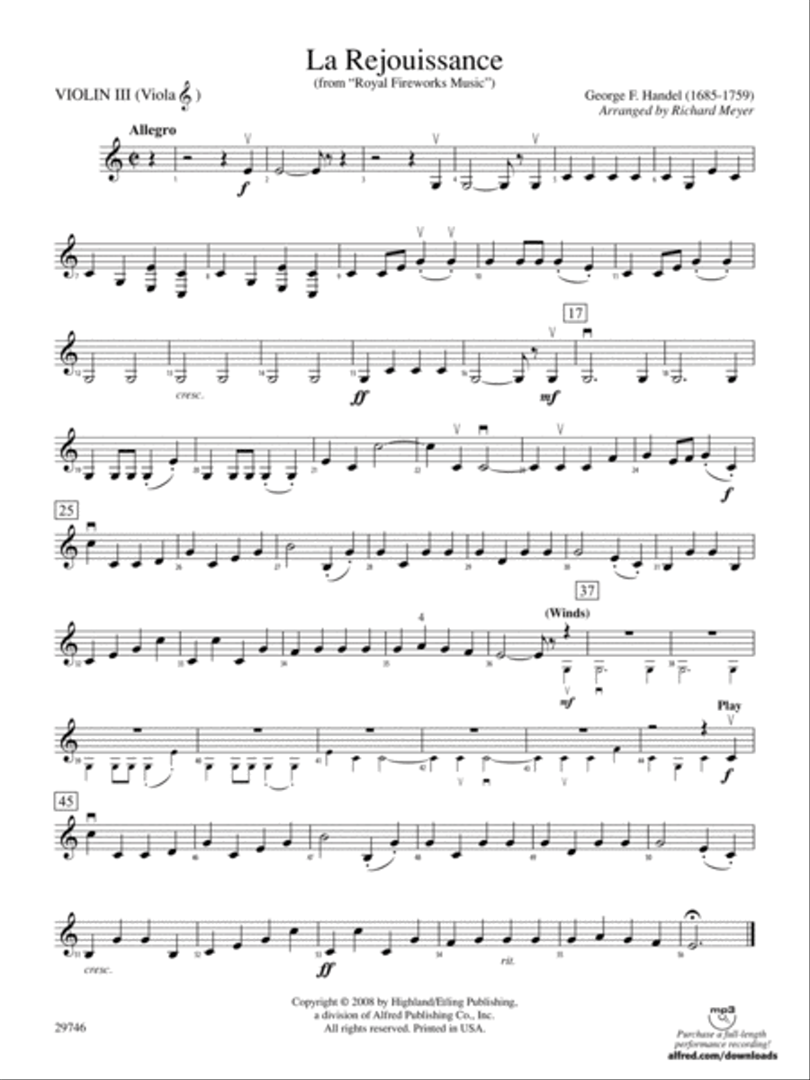 La Rejouissance (from Royal Fireworks Music): 3rd Violin (Viola [TC]) Full Orchestra scores gallery preview page 1