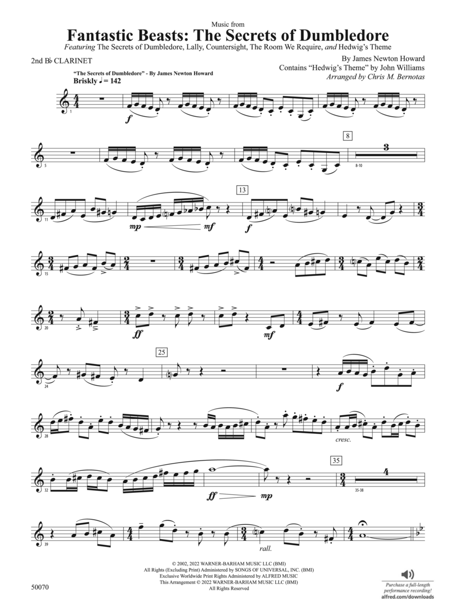 Fantastic Beasts: The Secrets of Dumbledore: 2nd B-flat Clarinet Concert Band scores gallery preview page 1