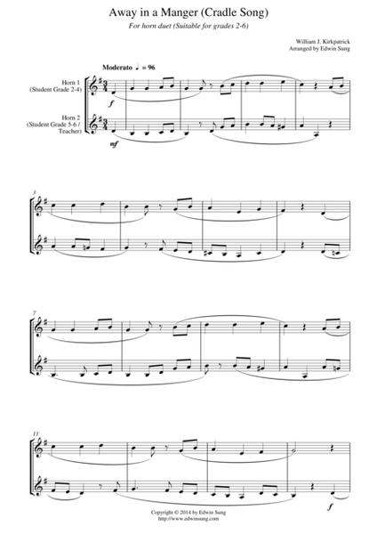 Away in a Manger (Cradle Song) (for horn duet, suitable for grades 2-6) image number null
