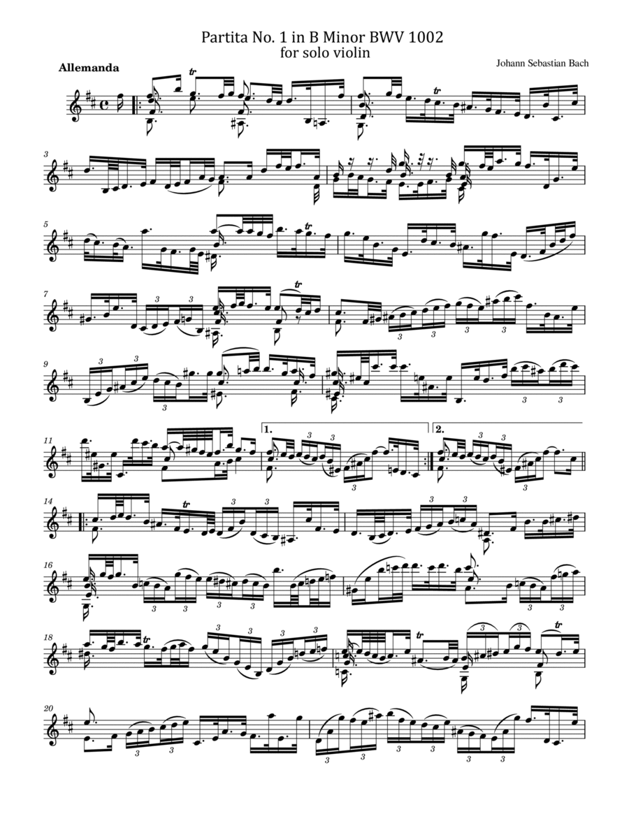 J.S.Bach - Violin Partita No.1 in B minor, BWV 1002 - For Solo Original Complete Violin Solo scores gallery preview page 1