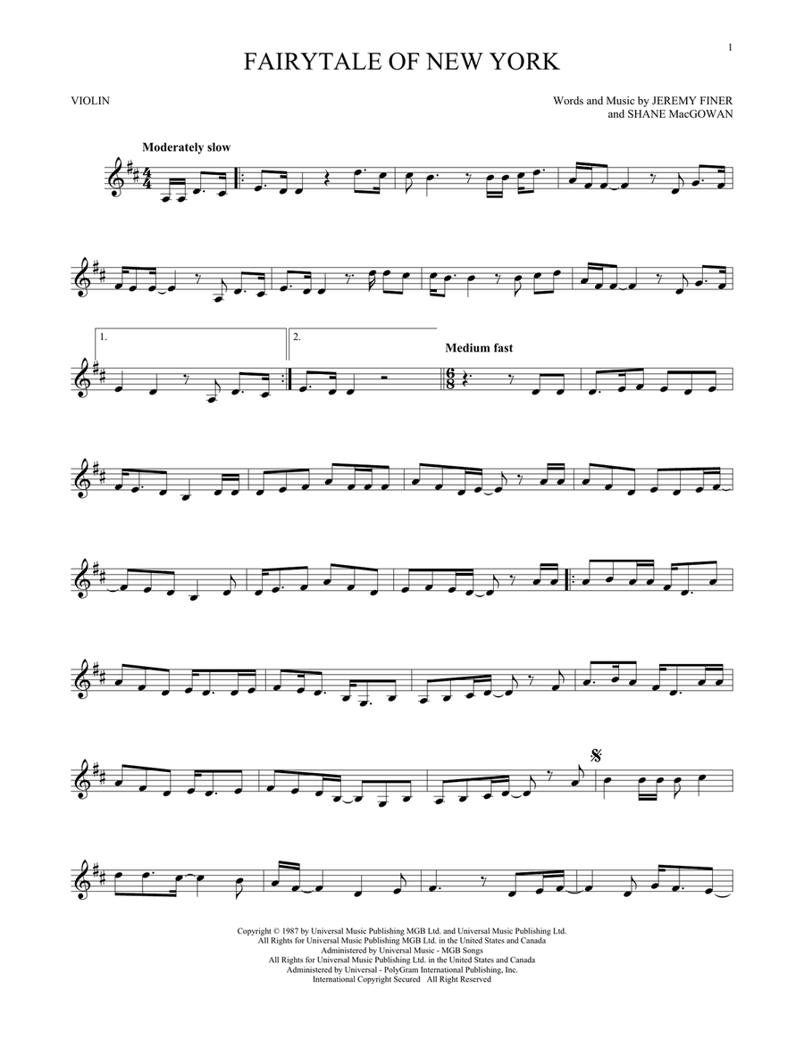 Fairytale Of New York Violin Solo scores gallery preview page 1