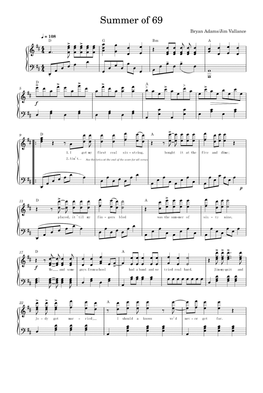 Summer Of '69 Piano Solo scores gallery preview page 1