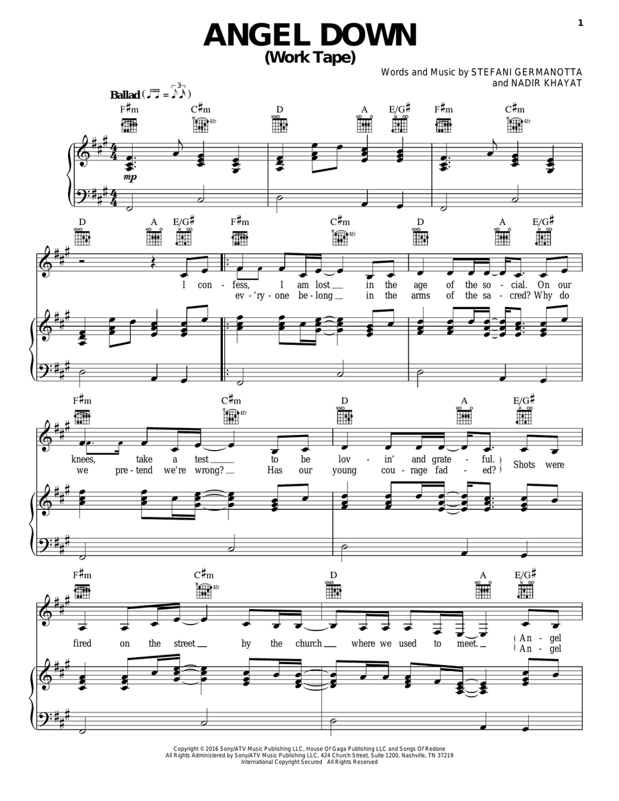 Angel Down (Work Tape) Angel Down (Work Tape) Piano, Vocal, Guitar scores gallery preview page 1