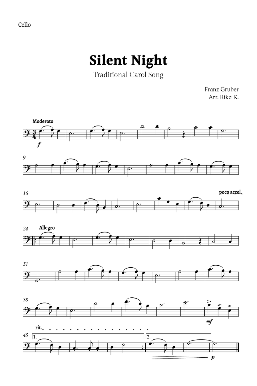 Silent Night for Cello Solo Cello Solo scores gallery preview page 1