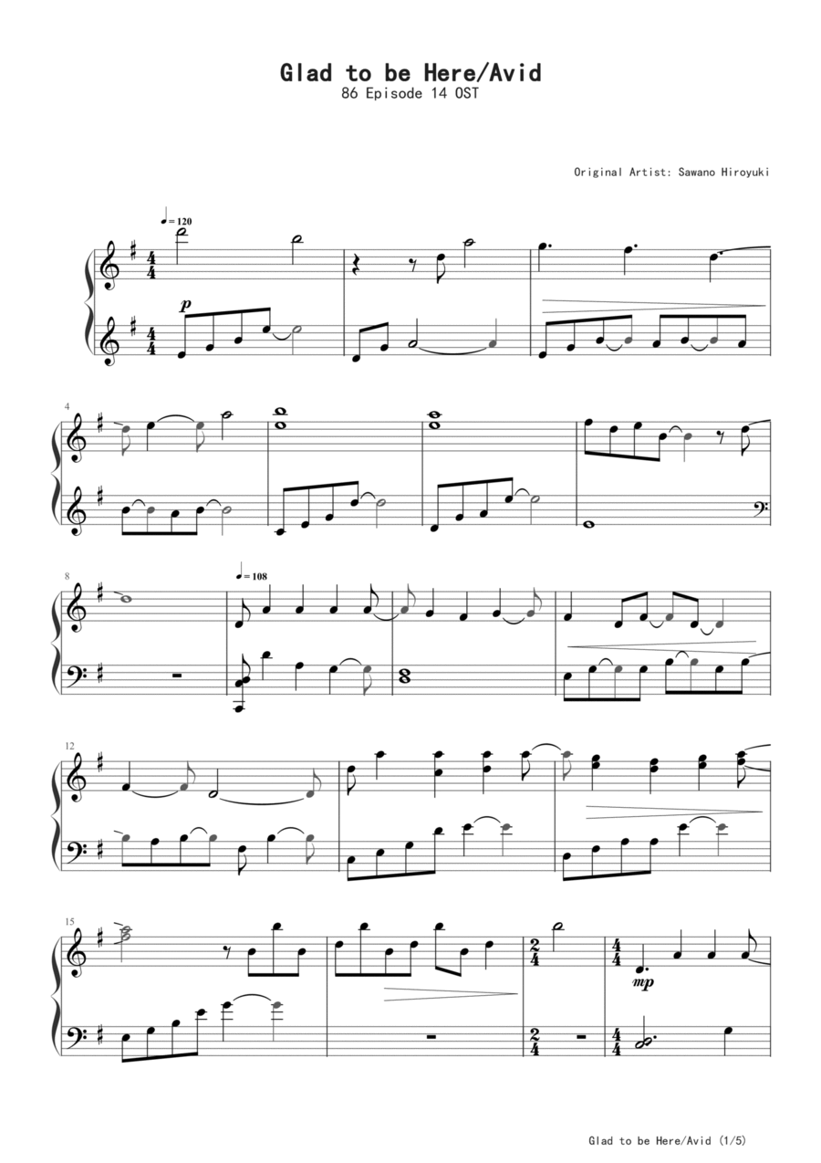 Glad to be Here 《86 Episode 》Avid 14 OST Easy Piano scores gallery preview page 1