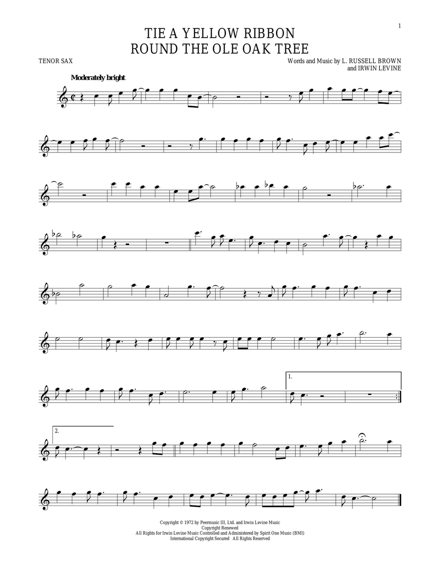 Tie A Yellow Ribbon Round The Ole Oak Tree Tenor Saxophone - Digital Sheet Music