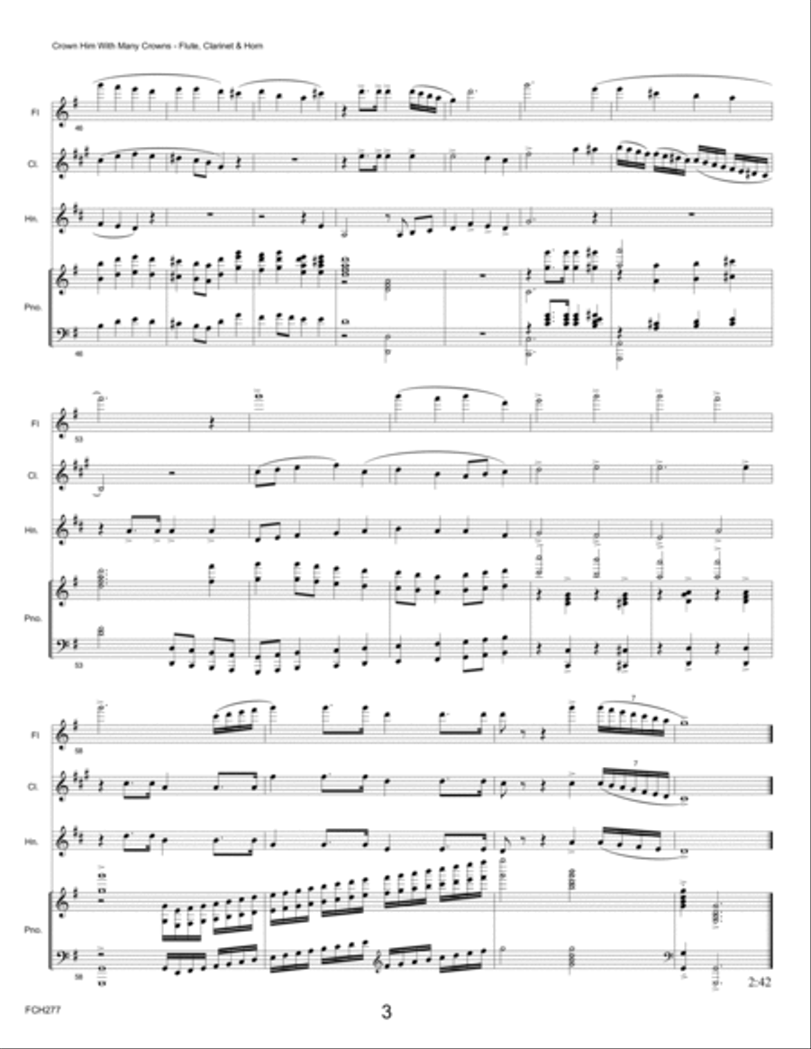 CROWN HIM WITH MANY CROWNS - FLUTE, CLARINET & HORN with Piano Accompaniment Small Ensemble scores gallery preview page 3
