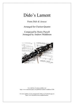 Book cover for Dido's Lament arranged for Clarinet Quartet