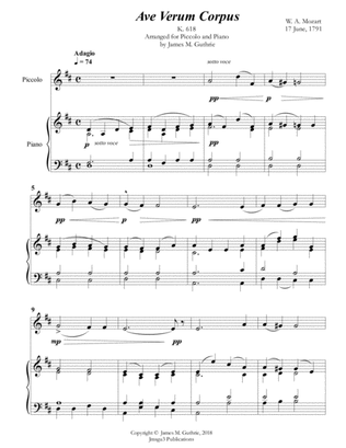 Book cover for Mozart: Ave Verum Corpus for Piccolo & Piano