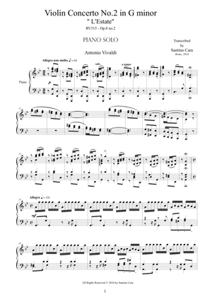 Book cover for Vivaldi - Violin Concerto No.2 in G minor 'L'estate', RV 315 - Piano solo
