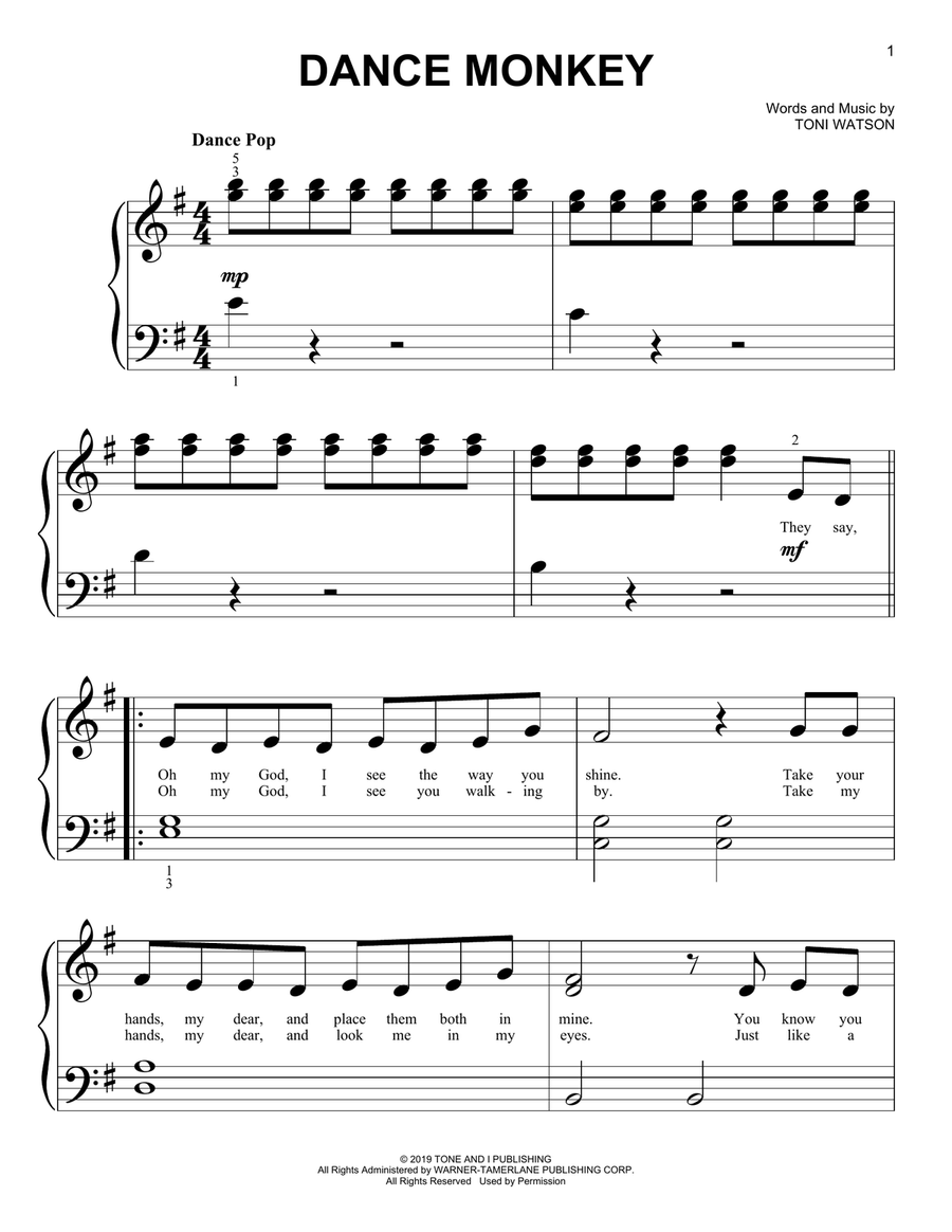 Dance Monkey Easy Piano scores gallery preview page 1