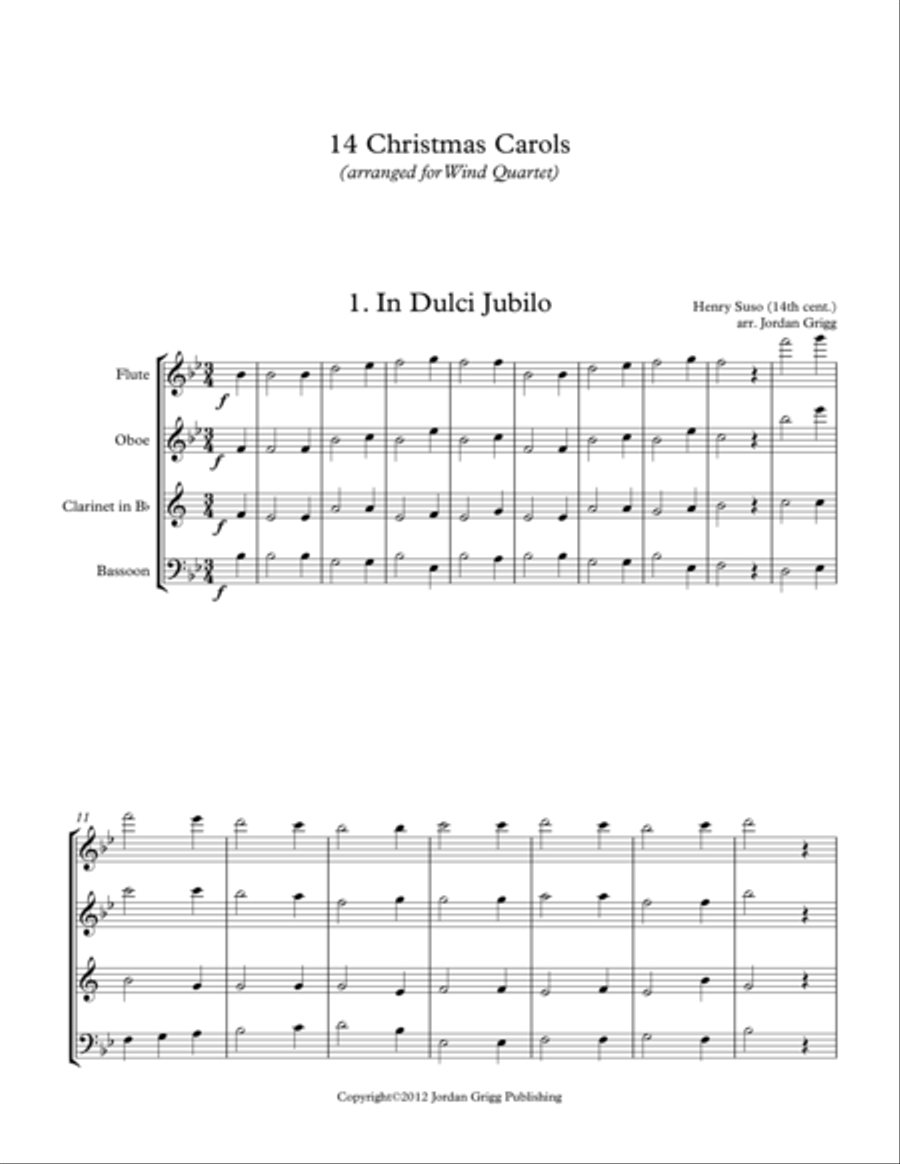 14 Christmas Carols (arranged for Wind Quartet) Woodwind Quartet scores gallery preview page 1