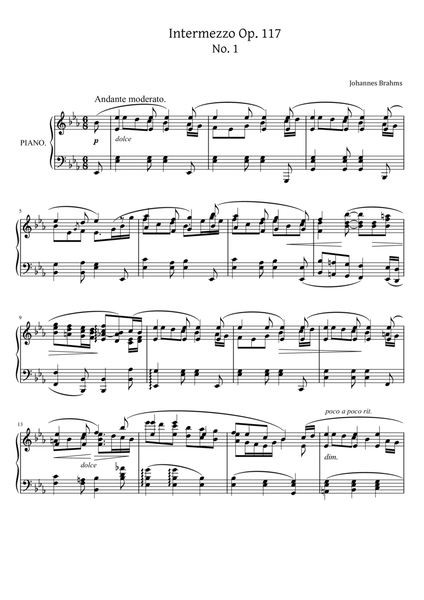 Brahms - 3 Intermezzi, Op.117 No.1 - Andante moderato Original For Piano Solo image number null