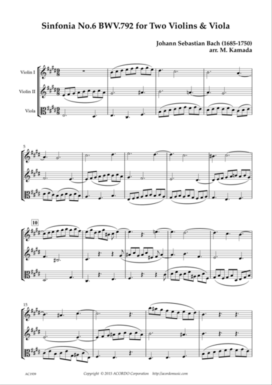 Sinfonia No.6 BWV.792 for Two Violins & Viola String Duet scores gallery preview page 1