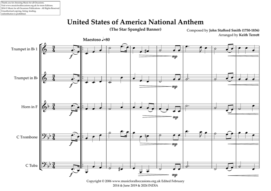United States of America National Anthem (The Star Spangled Banner) for Brass Quintet Brass Quintet scores gallery preview page 2