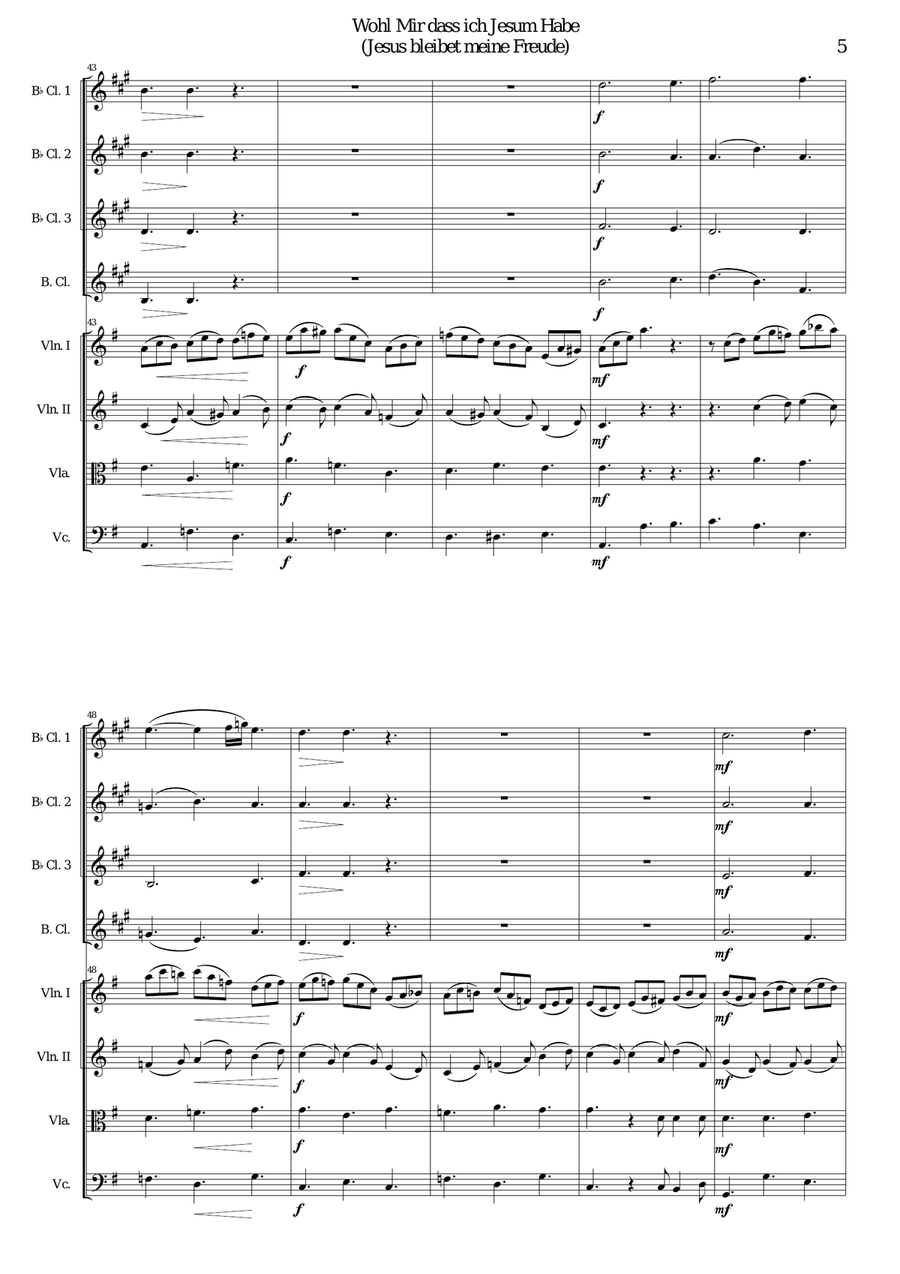 Wohl mir dass ich Jesum habe (Jesu joy of man's desiring) for clarinet quartet and strings Small Ensemble scores gallery preview page 5