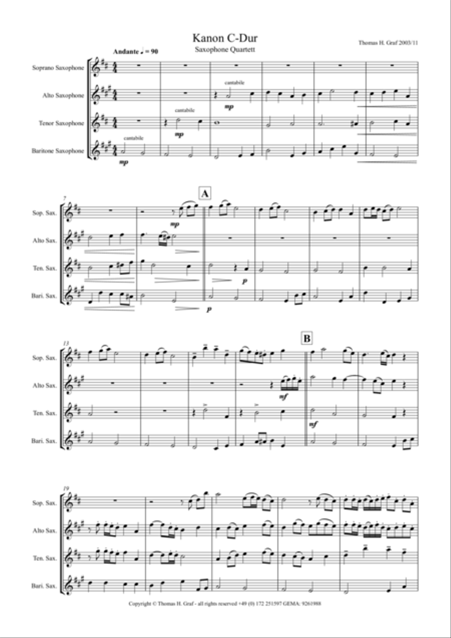 Kanon C-Dur - Saxophone Quartet Saxophone Quartet scores gallery preview page 1