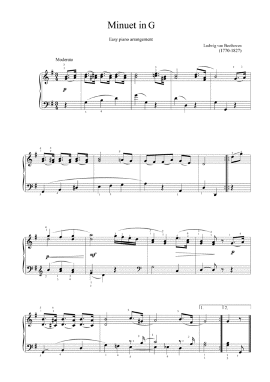 Beethoven - Minuet in G (Easy piano arrangement) Easy Piano scores gallery preview page 1