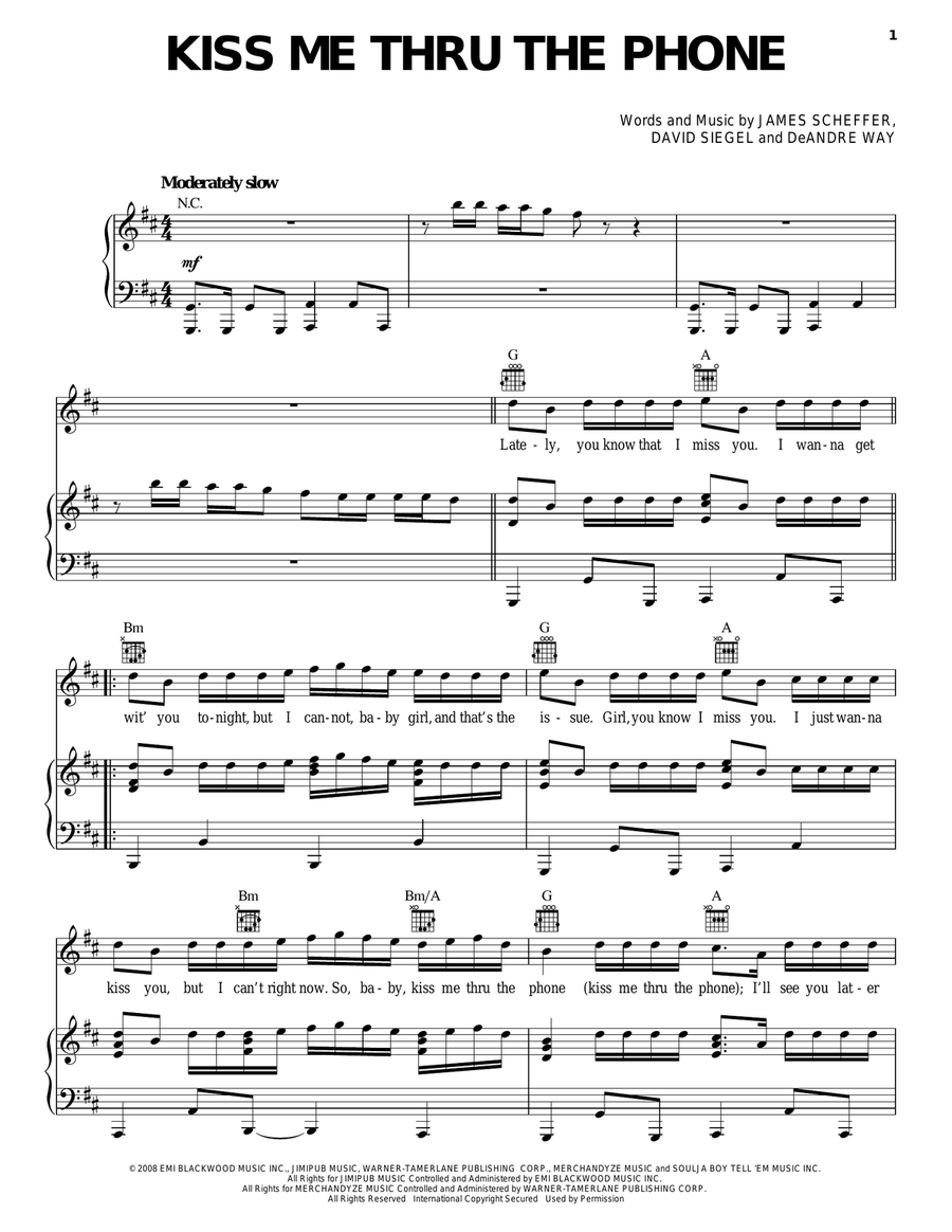 Kiss Me Thru The Phone Kiss Me Thru The Phone Piano, Vocal, Guitar scores gallery preview page 1