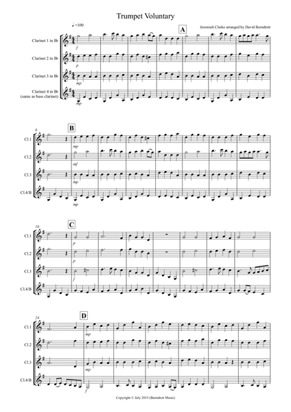 Trumpet Voluntary for Clarinet Quartet by Jeremiah Clarke Clarinet Solo - Digital Sheet Music