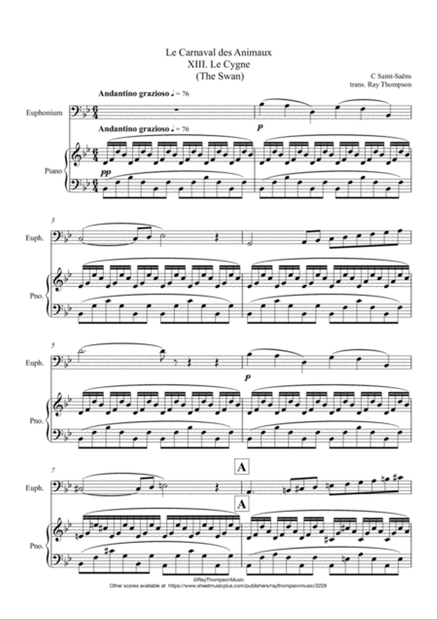 Saint-Saëns: Le Carnaval des Animaux XIII. Le Cygne (The Swan) - euphonium/piano Euphonium scores gallery preview page 1
