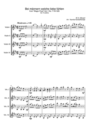 Mozart Magic Flute - Bei Männern welche Liebe fühlen, KV 620 for violin quartet (4 violins) full s