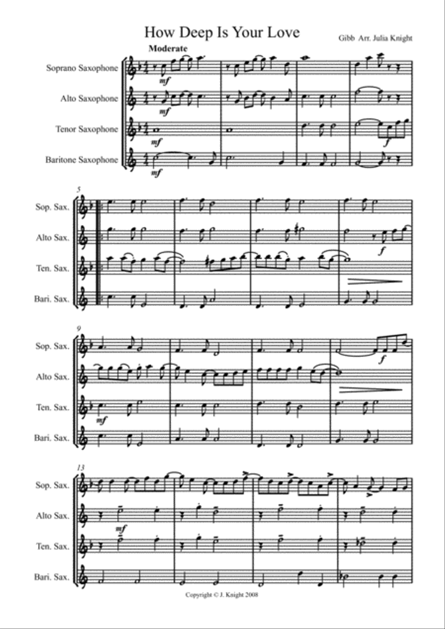 How Deep Is Your Love from the Motion Picture SATURDAY NIGHT FEVER Woodwind Quartet scores gallery preview page 1