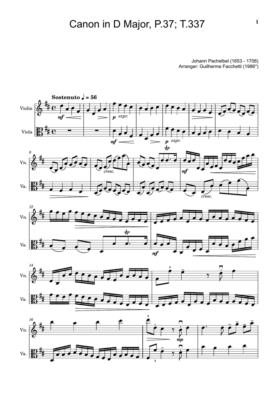 Canon in D Major, P.37; T.337. Arranged for Violin and Viola. String Duet scores gallery preview page 1