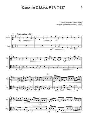 Book cover for Johann Pachelbel - Canon in D Major, P.37; T.337. Arrangement for Violin and Viola. Score and Parts.