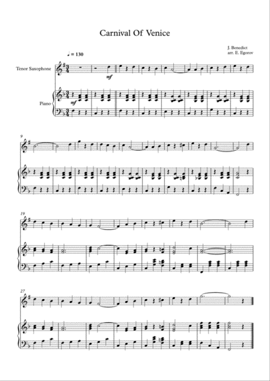 Carnival Of Venice, Julius Benedict, For Tenor Saxophone & Piano Tenor Saxophone scores gallery preview page 1