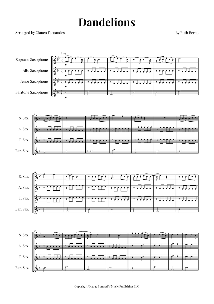Dandelions Saxophone Quartet scores gallery preview page 1