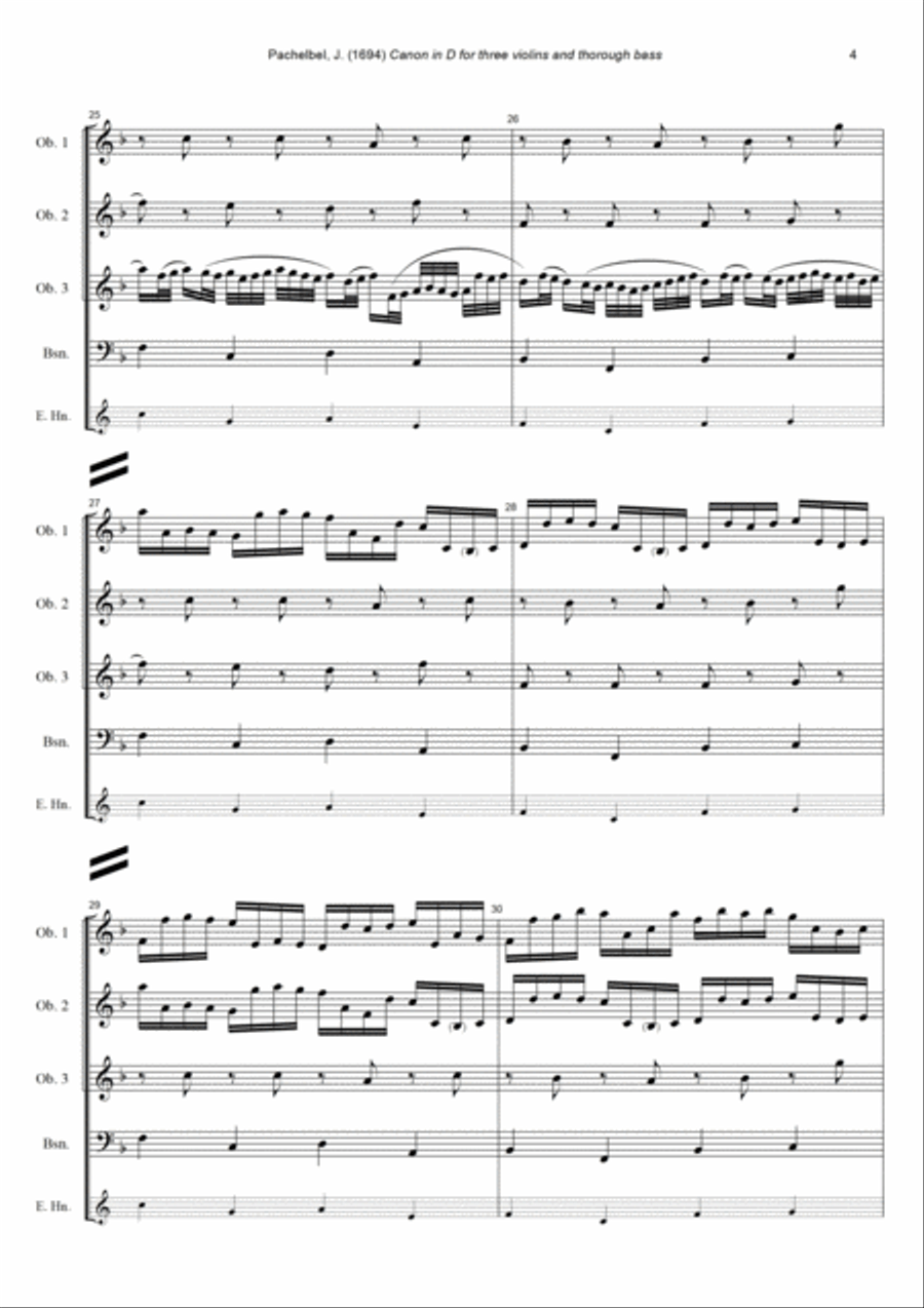 J. Pachelbel - Canon in D-dur, arr. for 3 Oboes & Bassoon (or English Horn) Woodwind Quartet scores gallery preview page 4