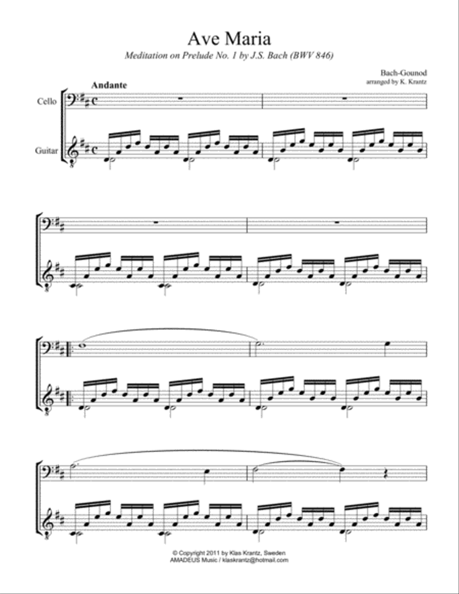 Ave Maria (D Major) for cello and guitar String Duet scores gallery preview page 2