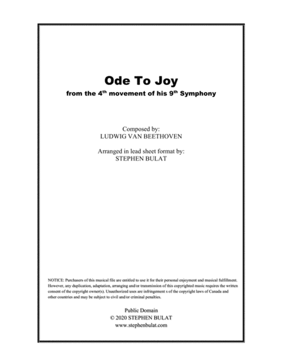 Ode To Joy (Beethoven) - Lead sheet in original key of D