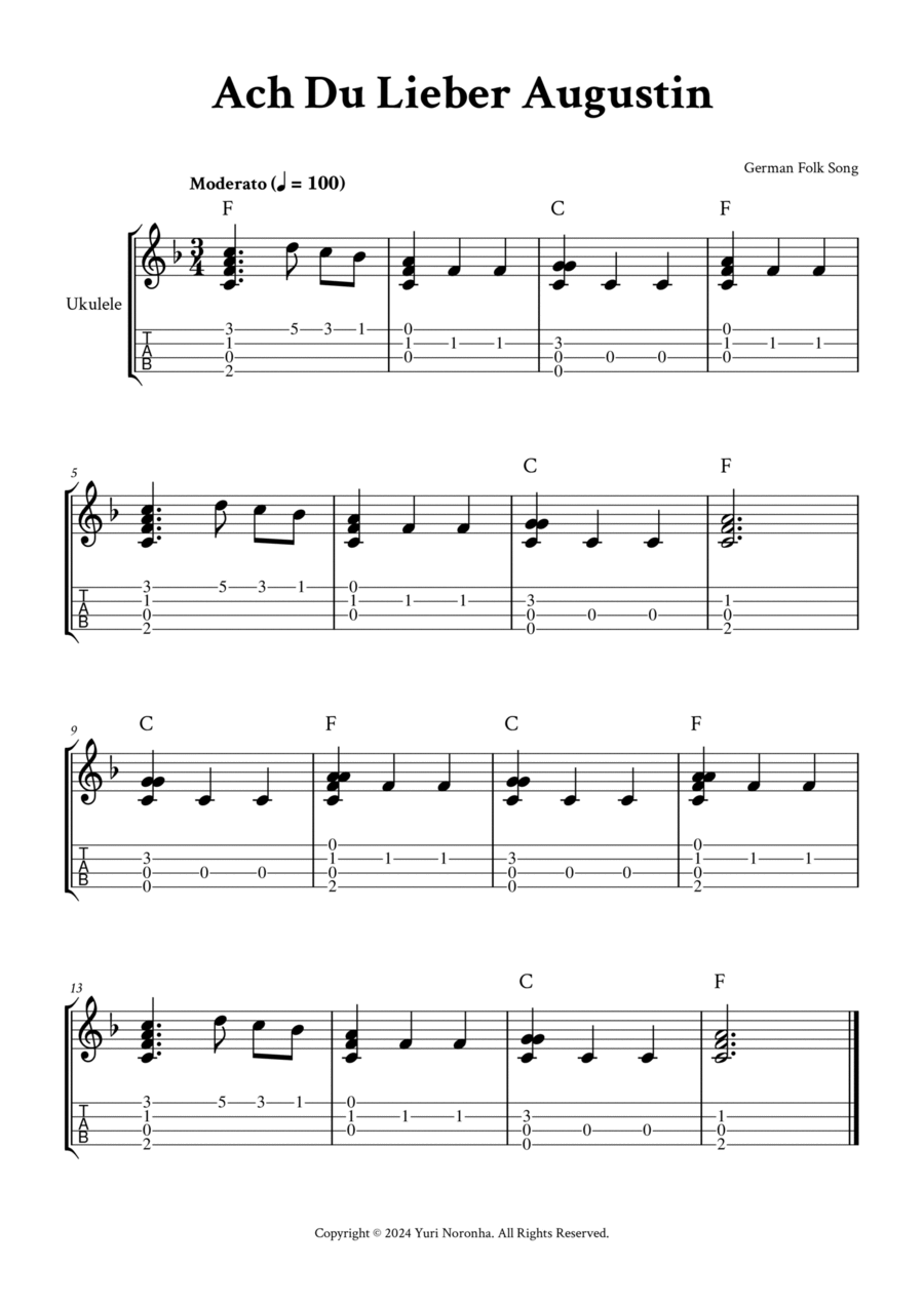 Ach Du Lieber Augustin - Fingerstyle Ukulele (with Tab) Ukulele scores gallery preview page 1