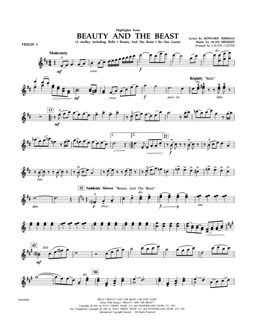 Beauty and the Beast Highlights (arr. Calvin Custer) - Violin 1 Violin scores gallery preview page 1