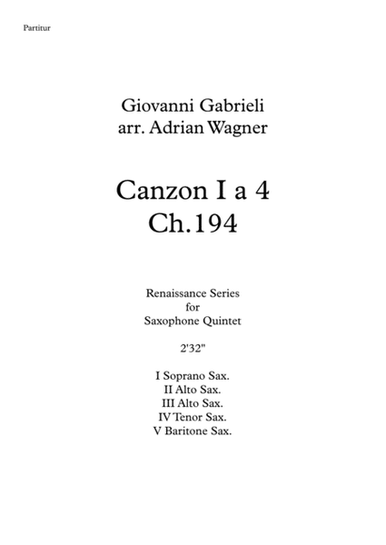 Canzon I a 4 Ch.194 (Giovanni Gabrieli) Saxophone Quintet arr. Adrian Wagner image number null