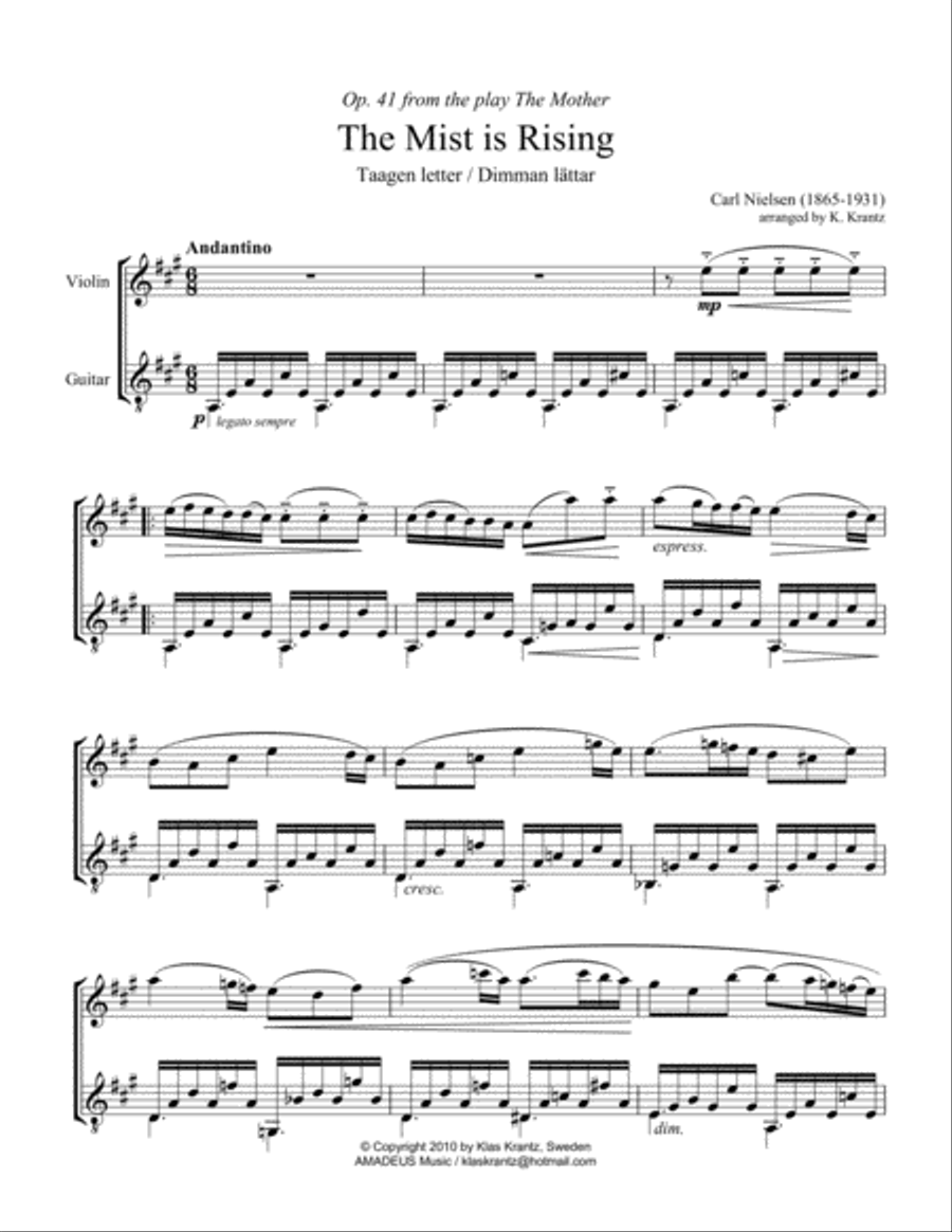 The Mist is Rising / Taagen letter Op. 41 for violin and guitar String Duet scores gallery preview page 2