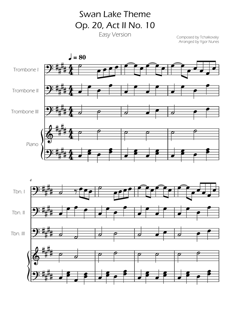 Swan Lake (theme) - Tchaikovsky - Trombone Trio w/ Piano Accompaniment