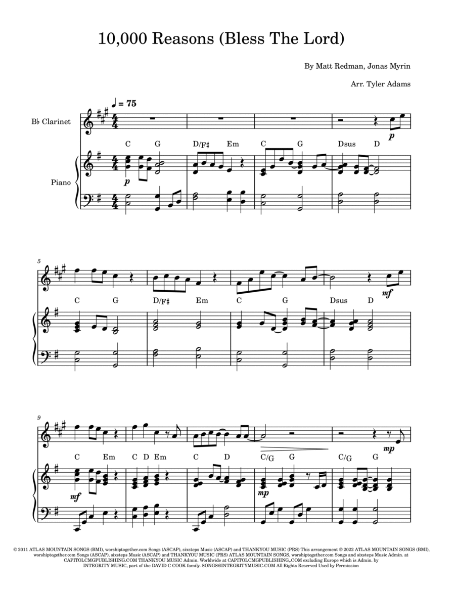 10,000 Reasons (bless The Lord) B-Flat Clarinet scores gallery preview page 1