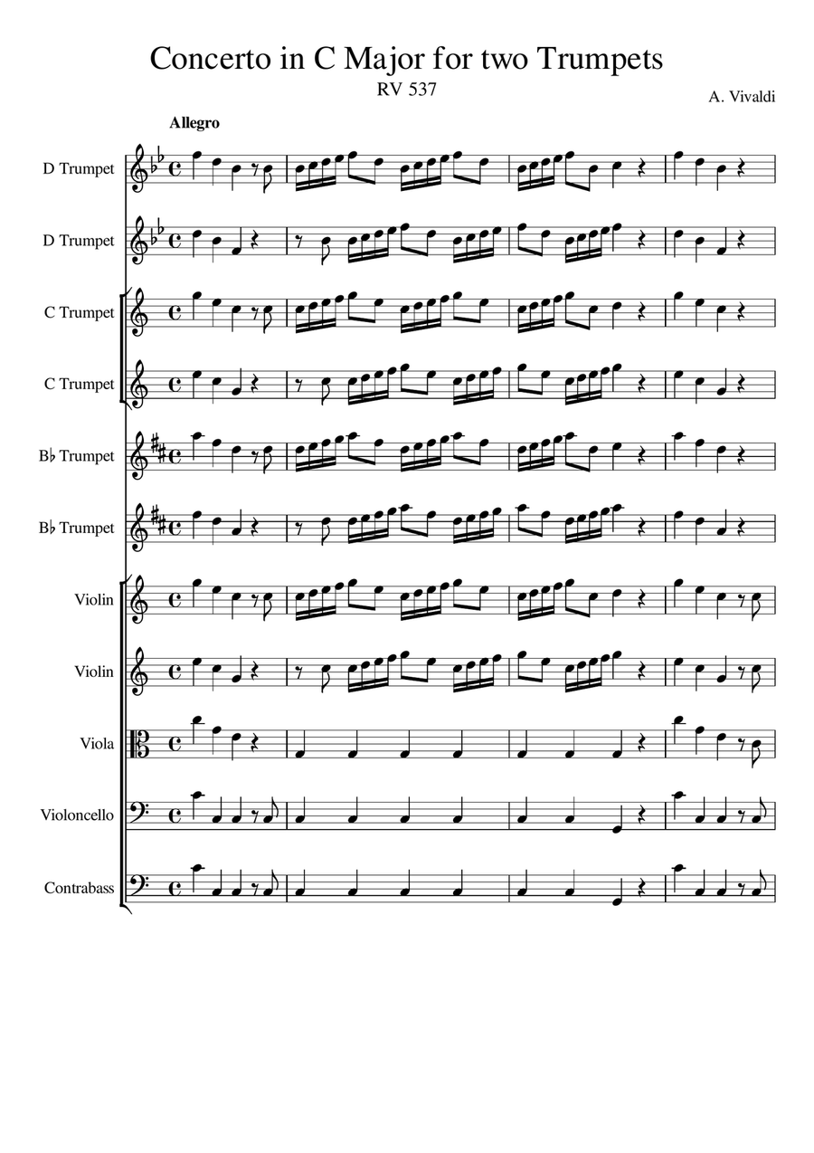 Concerto for Two Trumpets in C major RV537 - Antonio Vivaldi - Score and Parts - Trumpets in Bb, C Chamber Orchestra scores gallery preview page 1