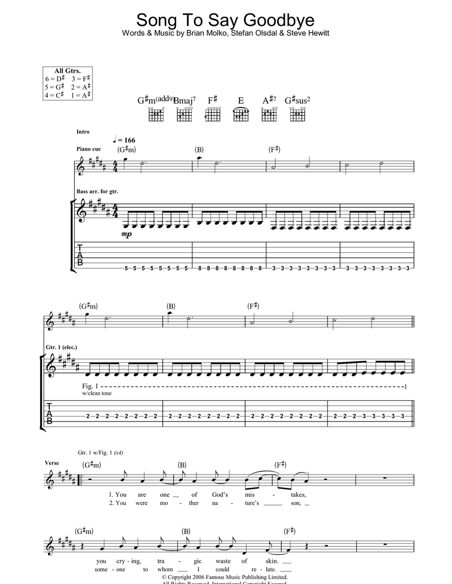 Song To Say Goodbye Guitar Tablature scores gallery preview page 1