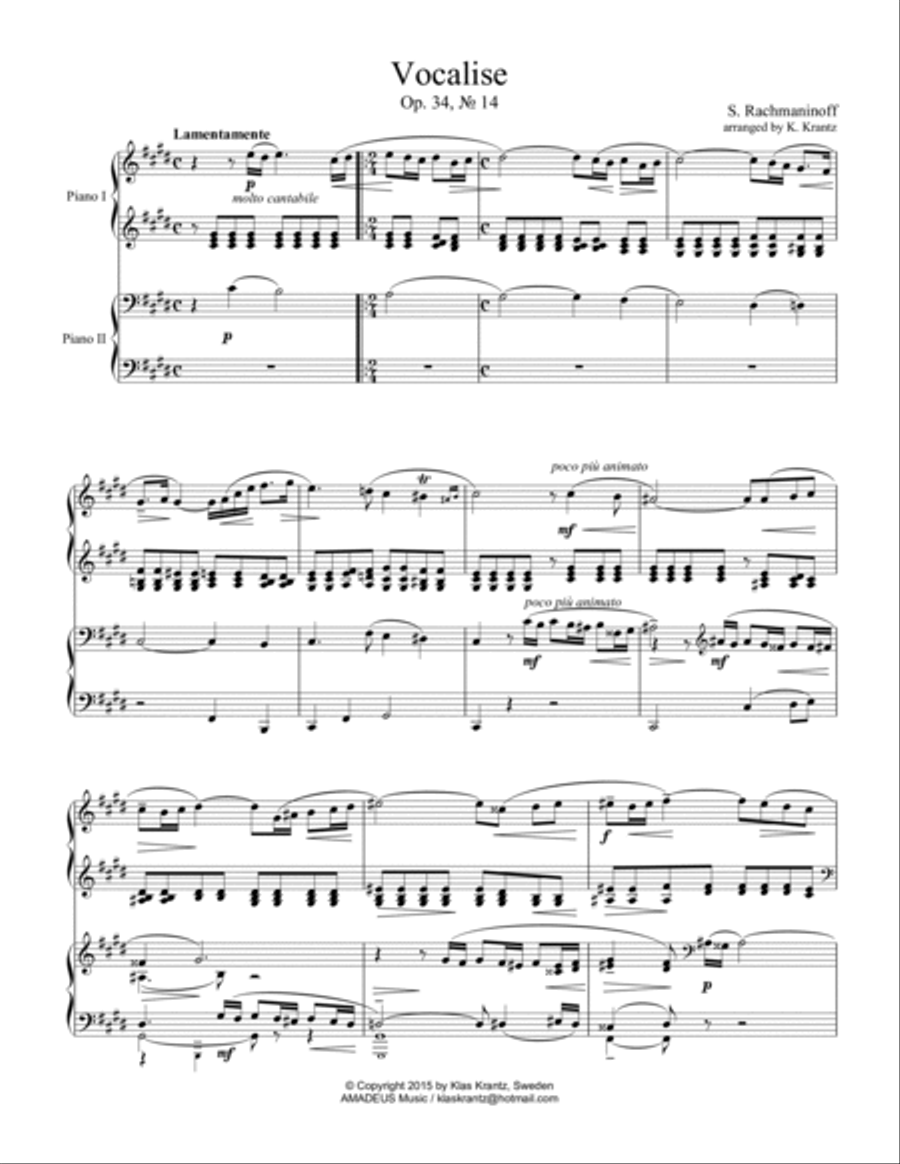Vocalise Op. 34 for piano duo, 4 hands (orchestra version) 1 Piano, 4-Hands scores gallery preview page 2