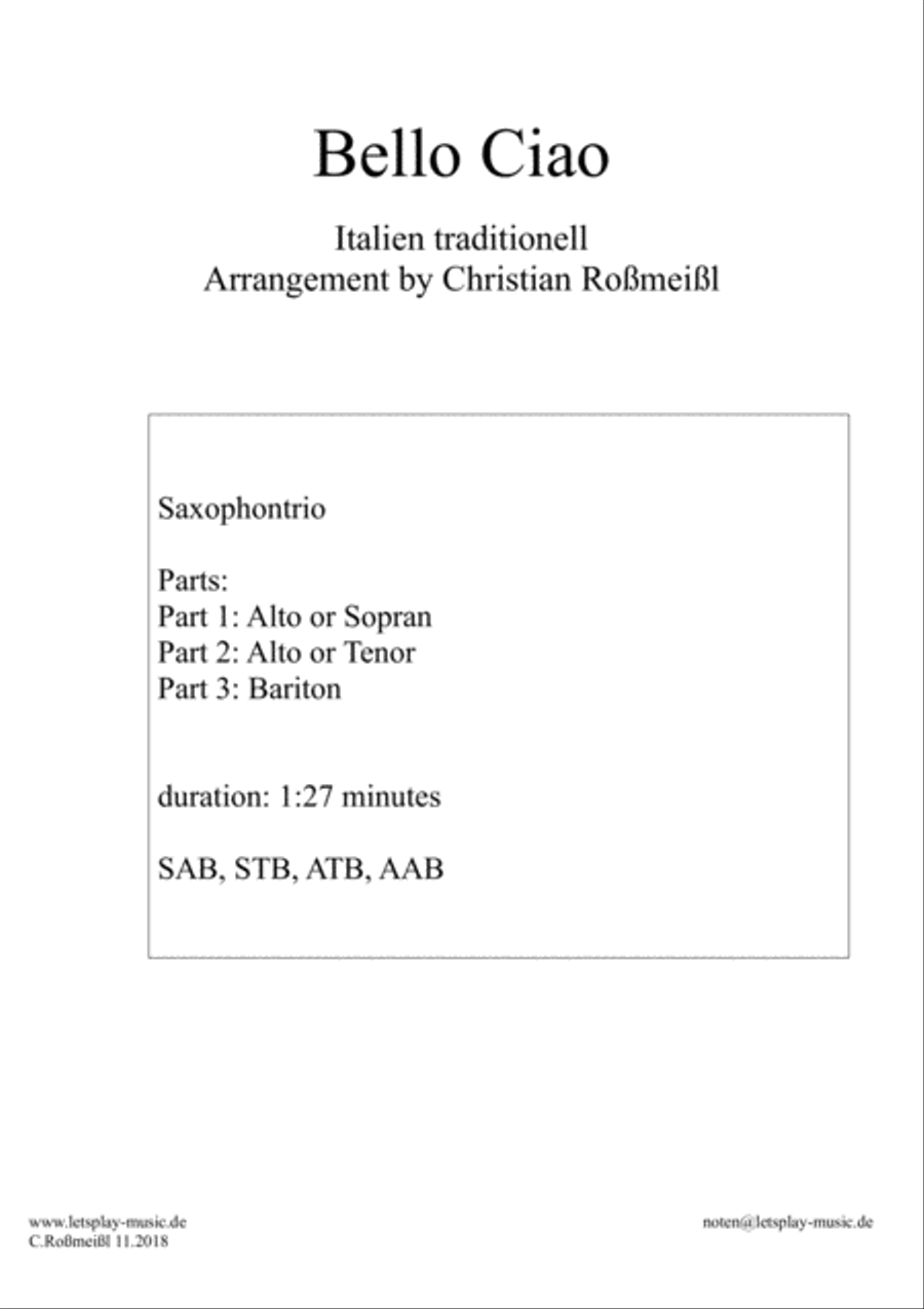 Bella Ciao Saxophontrio Woodwind Trio scores gallery preview page 1