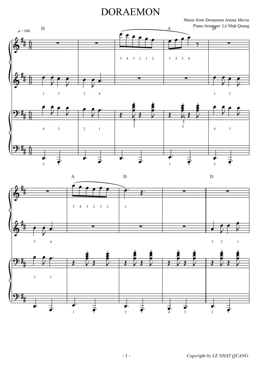 DORAEMON ( Main Theme ) 1 Piano, 4-Hands scores gallery preview page 1