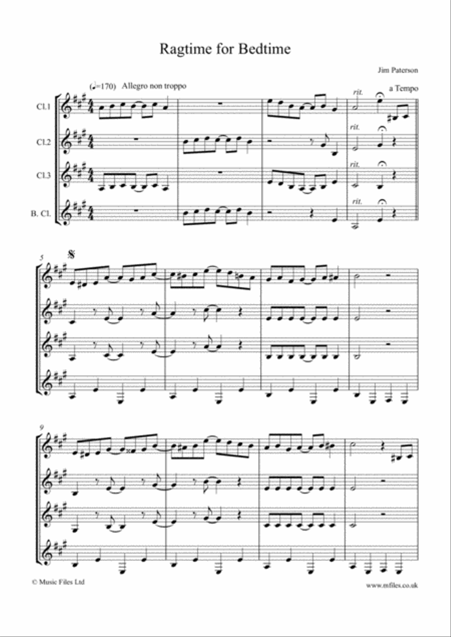 Ragtime for Bedtime (for Clarinet Quartet - score & parts) Clarinet Quartet scores gallery preview page 1