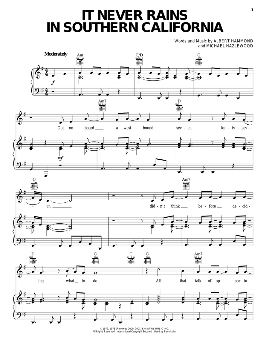 It Never Rains In Southern California Piano, Vocal, Guitar scores gallery preview page 1