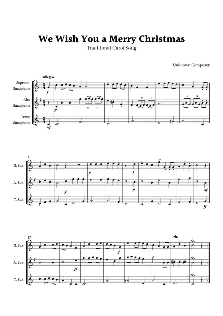 We Wish you a Merry Christmas for Sax Ensemble Trio Woodwind Ensemble scores gallery preview page 1