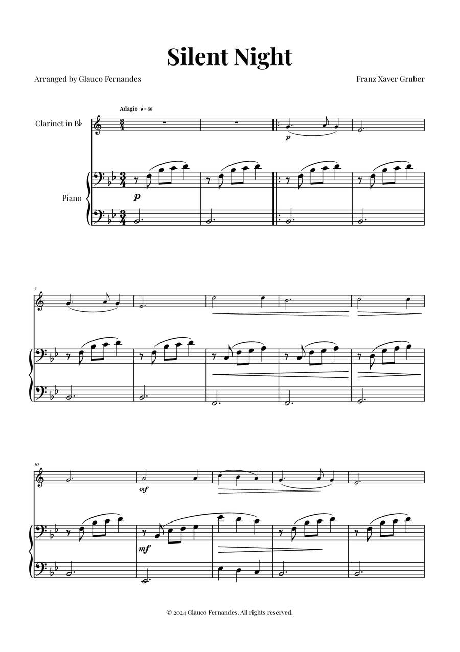 Silent Night | BEAUTIFUL Arrangement B-Flat Clarinet scores gallery preview page 1