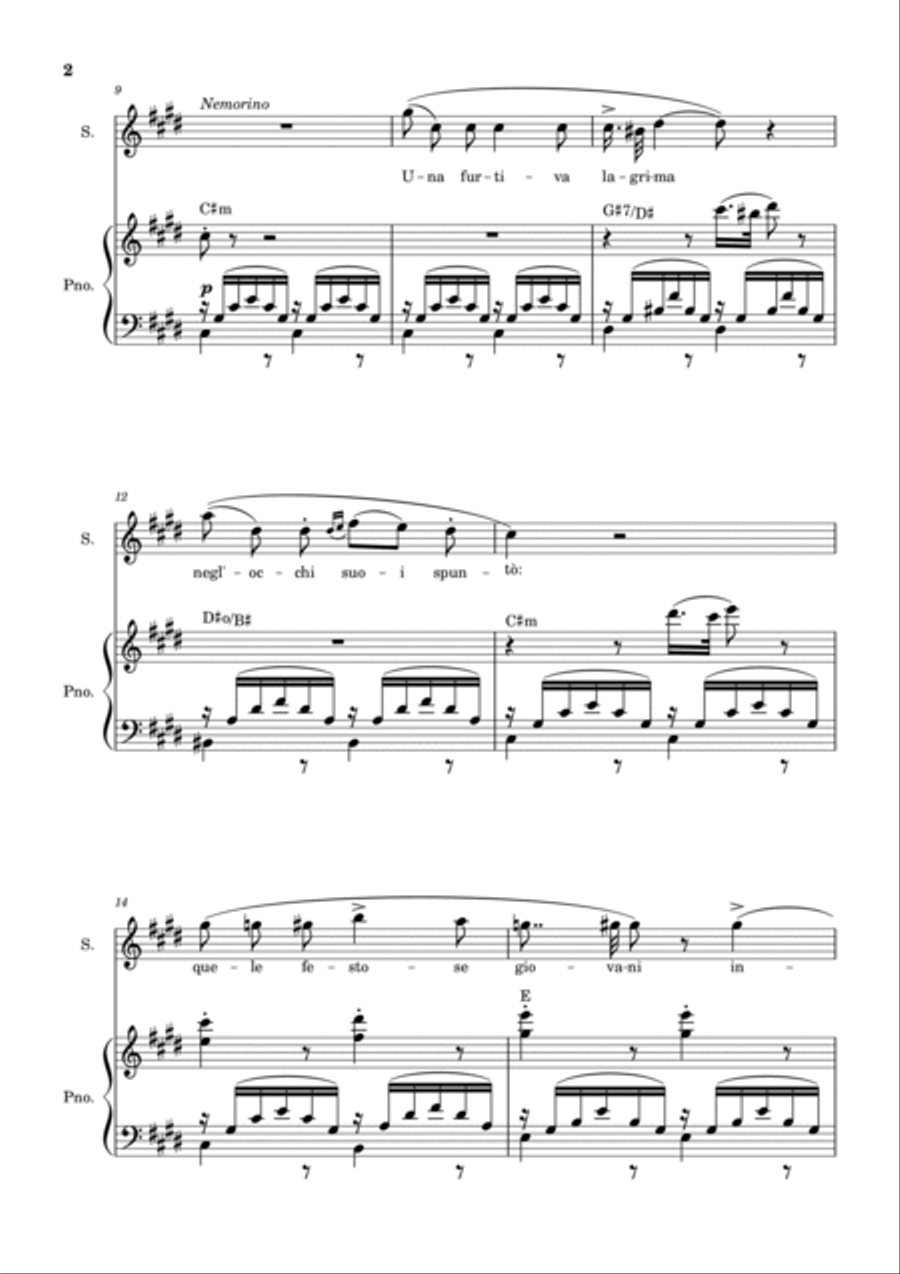 Una Furtiva Lagrima (Soprano in C#m) Piano, Vocal, Guitar scores gallery preview page 2